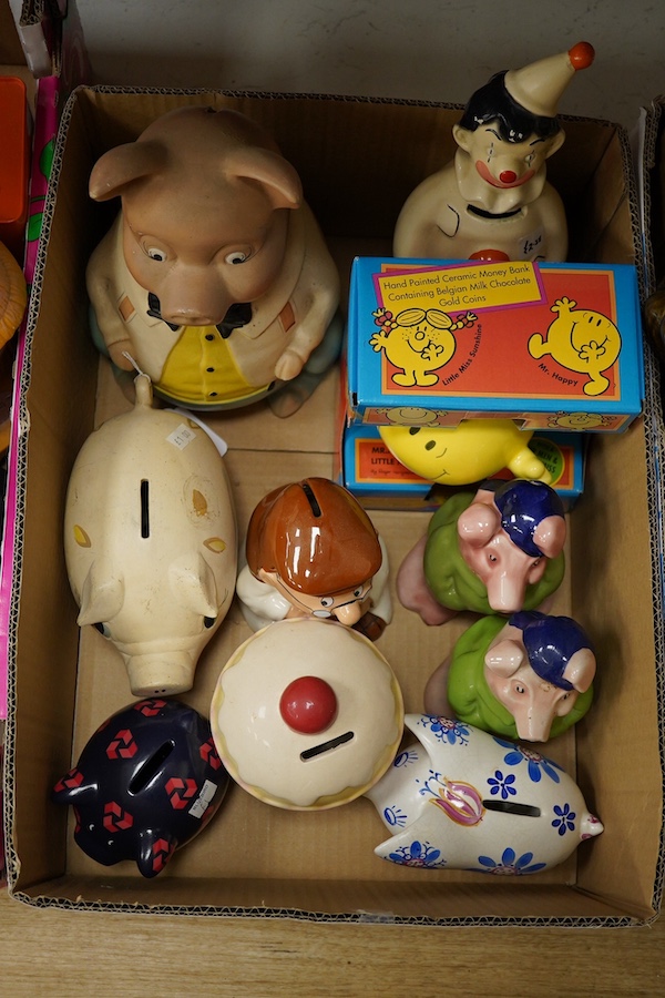 A large quantity (in three boxes) of novelty, advertising and general money boxes mostly from the mid to late 20th century, tallest a clown Ellgreave money box 27cm high. Condition - varied from poor to good